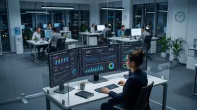 Analyst viewing Amazon Advertising Performance Dashboard and Growth Trendlines monitors