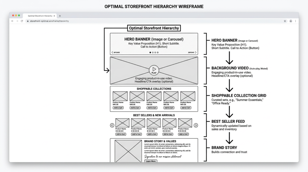 Storefront hierarchy wireframe showing hero banner, video, collections, products, and brand story