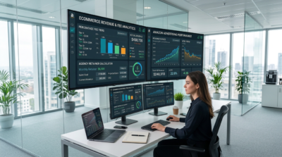 Analyst reviewing ecommerce revenue and advertising dashboards across multiple screens