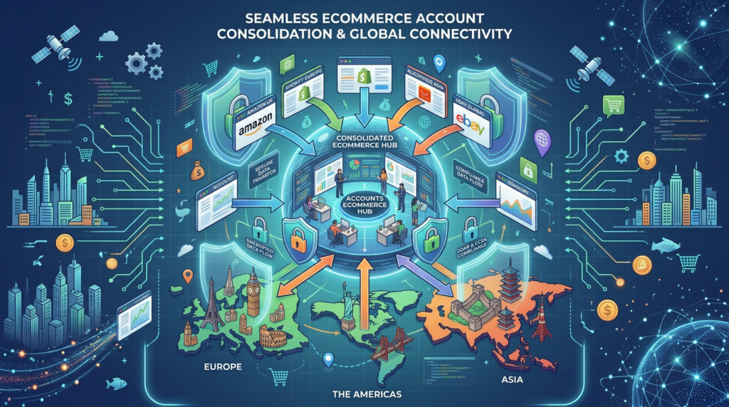 Infographic titled “Seamless Ecommerce Account Consolidation & Global Connectivity” showing marketplaces linked to a central hub.