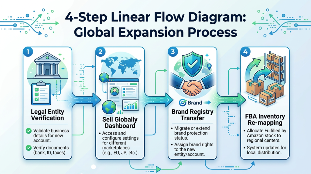 4-Step Linear Flow Diagram: Global Expansion Process. 1 Legal Entity Verification: Validate business details for new account; verify documents (bank, ID, taxes). 2 Sell Globally Dashboard: Access and configure settings for different marketplaces (e.g. EU, JP, etc.). 3 Brand Registry Transfer: Migrate or extend brand protection status; assign brand rights to the new entity/account. 4 FBA Inventory Re-Mapping: Allocate Fulfilled by Amazon stock to regional centers; system updates for local distribution.