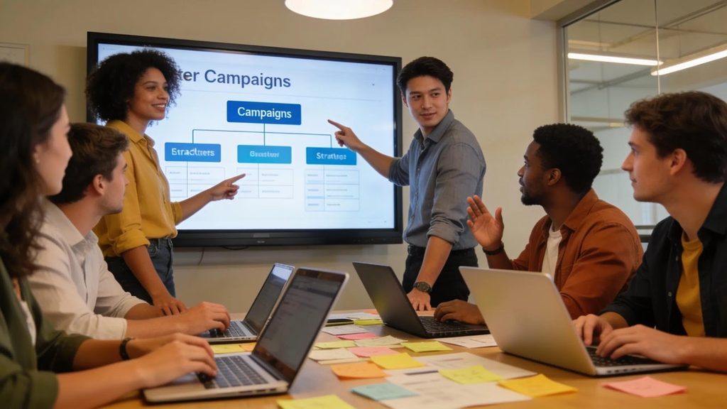 Team of marketing professionals collaborating on Amazon PPC campaign structures, discussing strategies and optimization techniques