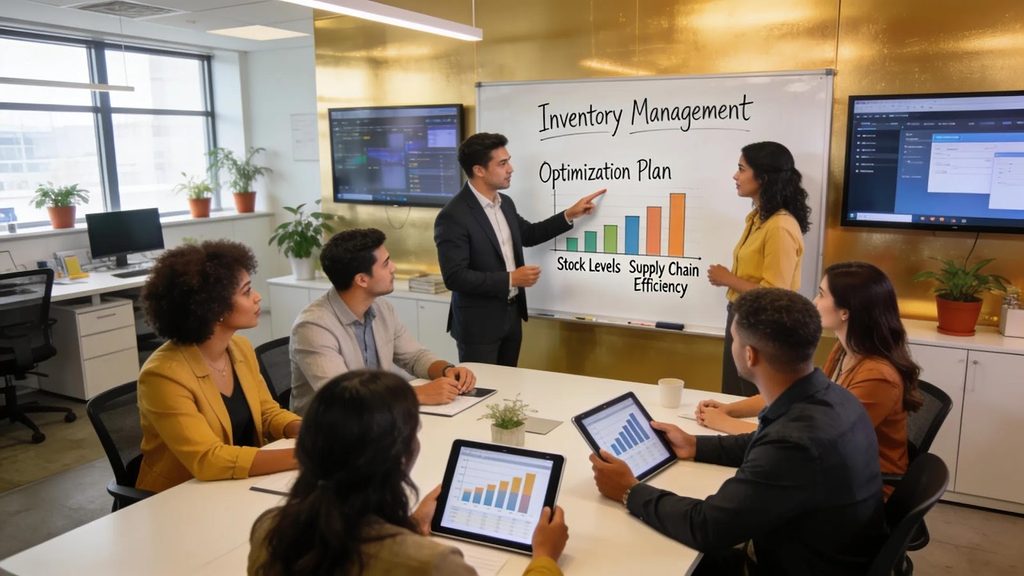 Business team discussing Amazon inventory management optimization plan and supply chain efficiency, illustrated with charts