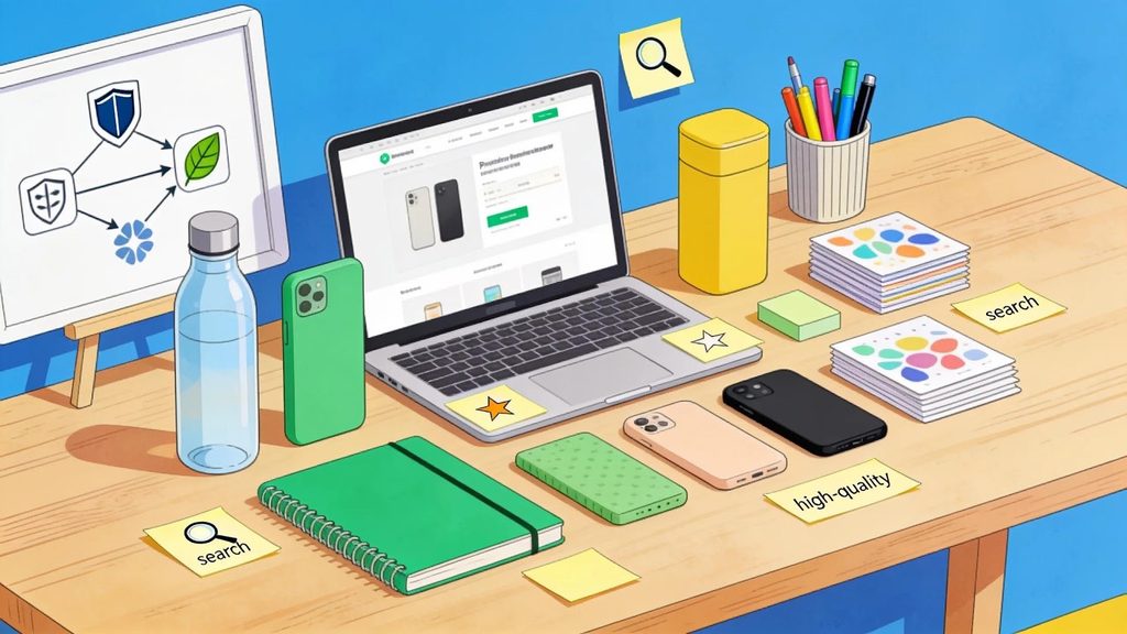 Laptop displaying Amazon product listings surrounded by quality products and search icons, illustrating Amazon title