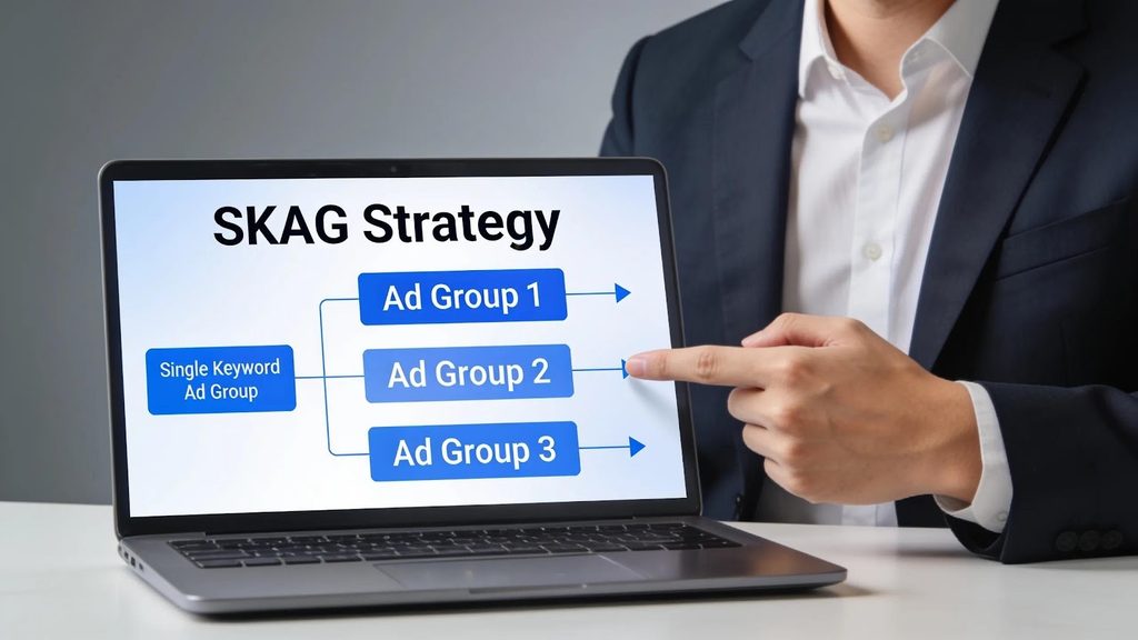 Diagram on laptop screen illustrating SKAG strategy for Amazon PPC campaign structuring, showing Single Keyword