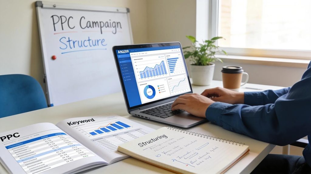 Laptop displaying Amazon PPC campaign data and charts, illustrating advanced campaign structuring strategies including single