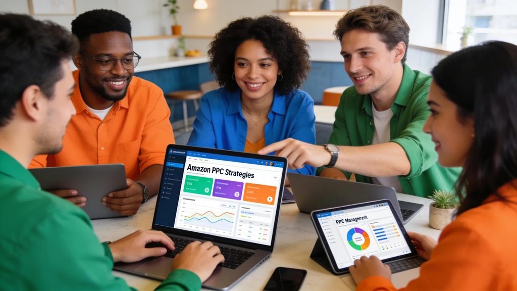 Group of diverse professionals collaborating around a laptop displaying Amazon PPC Strategies dashboard, illustrating expert