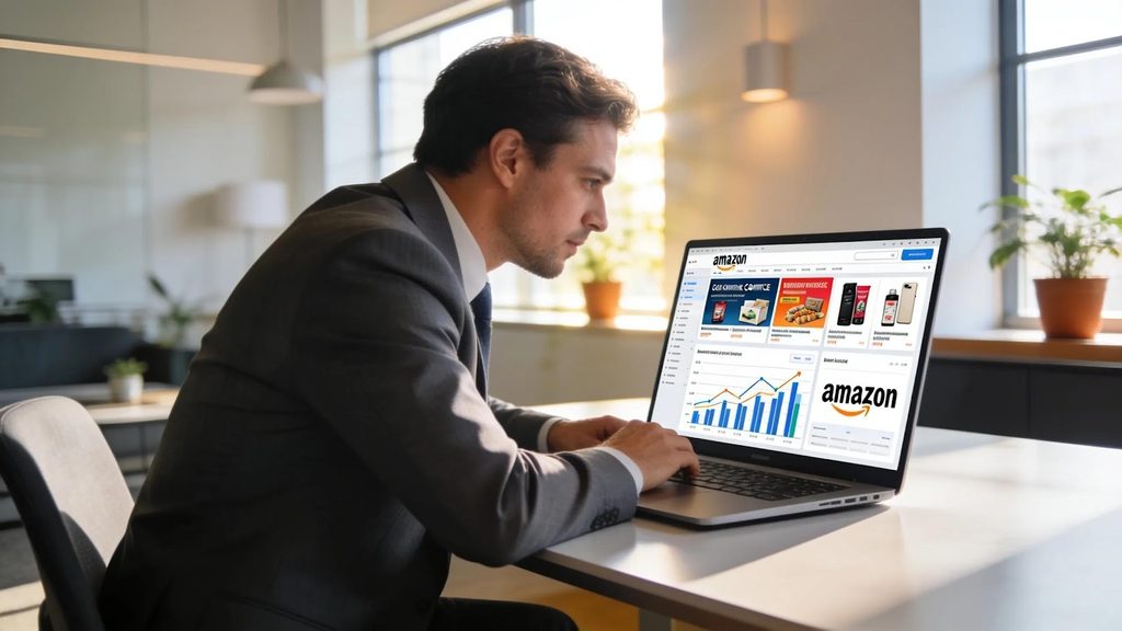 Man in business attire analyzes Amazon DSP advertising data and programmatic audiences on a laptop