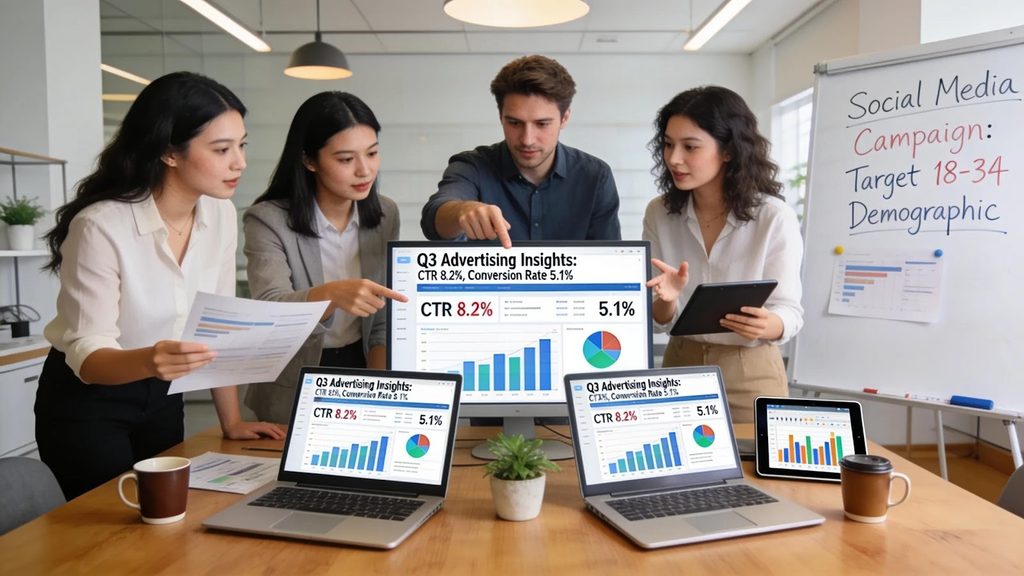 Team of marketers analyzing Q3 advertising insights and conversion rates within an Amazon Marketing Cloud